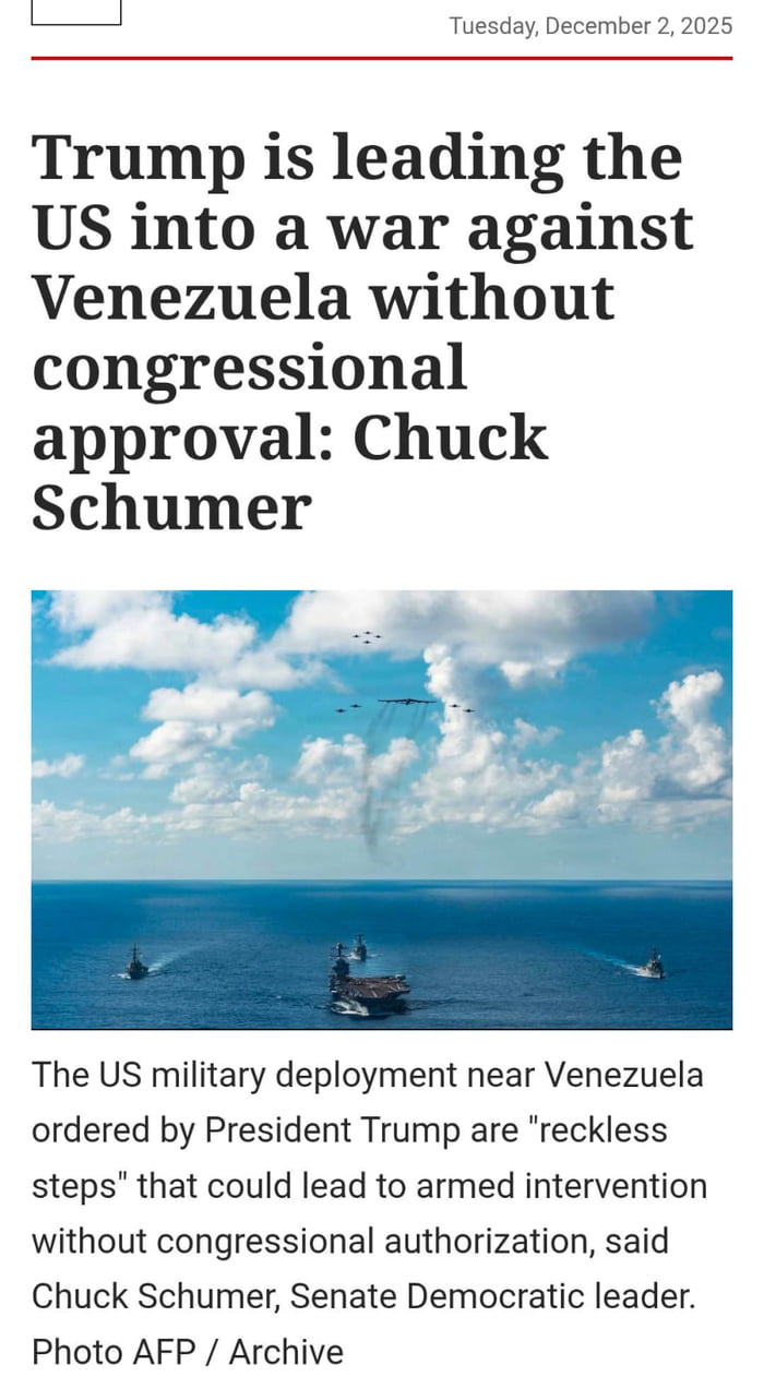 Martes, 2 de diciembre de 2025. Trump está llevando a EE. UU. a una guerra contra Venezuela sin la aprobación del Congreso: Chuck Schumer. El despliegue militar de EE. UU. cerca de Venezuela ordenado por el presidente Trump son 