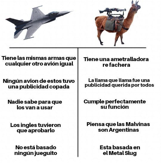 Tiene las mismas armas que cualquier otro avión igual. Ningún avión de estos tuvo una publicidad copada. Nadie sabe para qué los van a usar. Los ingles tuvieron que aprobarlo. No está basado ningún jueguito. Tiene una ametralladora re fachera. La llama que llama fue una publicidad querida por todos. Cumple perfectamente su función. Piensa que las M