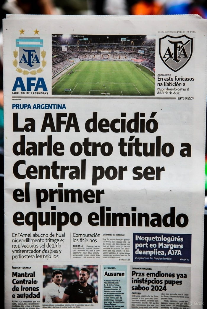 La AFA decidió darle otro título a Central por ser el primer equipo eliminado. PRUPA ARGENTINA. AFA AMPLIADO DE LESINDIAS. Otros textos en el periódico parecen ser intencionalmente distorsionados o satíricos, como 'En este foricasos na liafición a', 'MANTRA CENTRAL DE IRONES E AULADAD', 'Przs emdiones yaa inistépcioa pupes saboo 2024'.