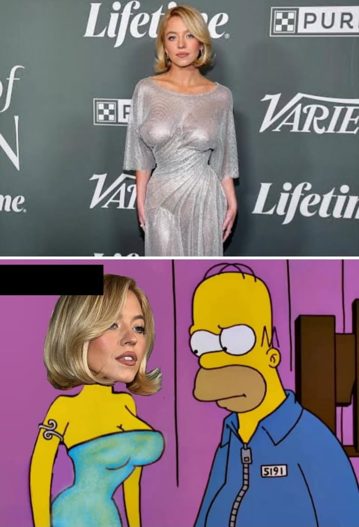 Una mujer en un vestido transparente en la alfombra roja. Un meme de Homer Simpson mirando a la mujer con un cuerpo de dibujos animados exagerado. Texto en el fondo: Lifetime, Variety, PUR.