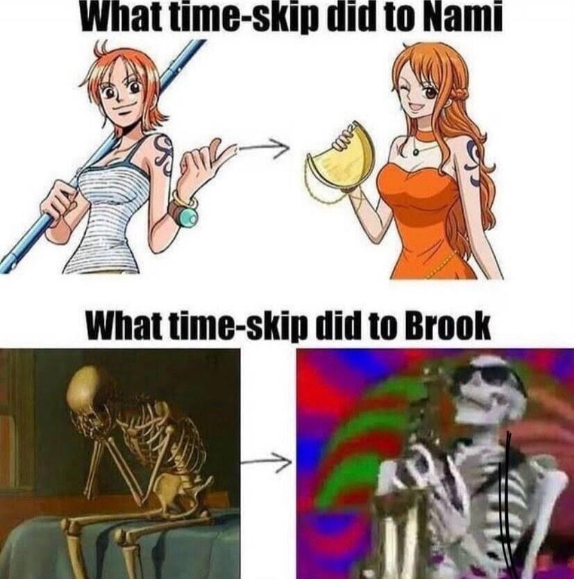 What time-skip did to Nami. What time-skip did to Brook. The meme shows Nami before and after a time-skip, with her appearance changing, particularly her bust size. Below, it shows Brook, a skeleton, before and after a time-skip, transforming into a 'cool' skeleton with sunglasses and a colorful background.