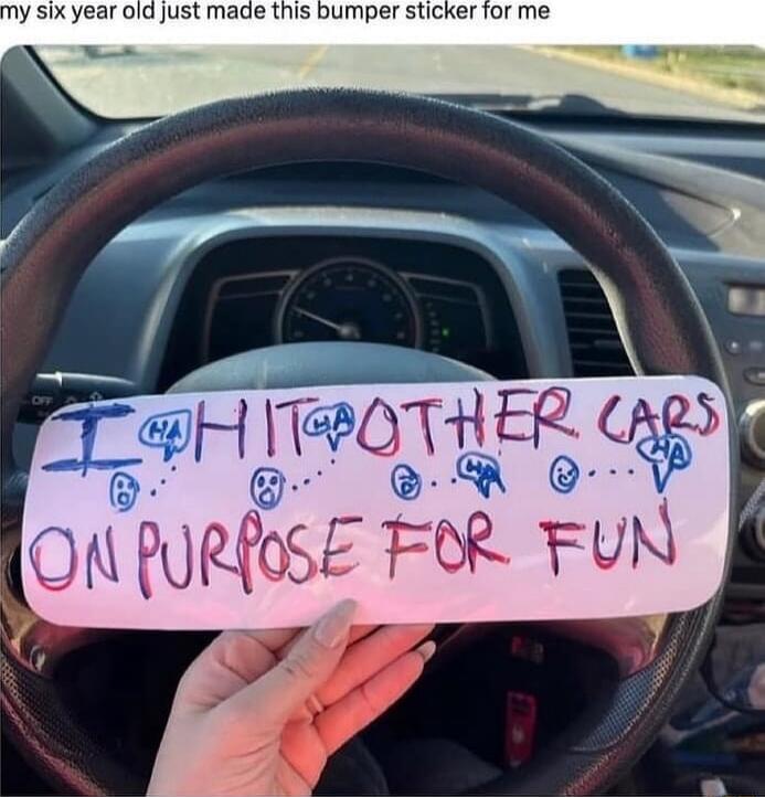 my six year old just made this bumper sticker for me. I HIT OTHER CARS ON PURPOSE FOR FUN.