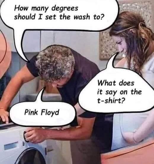 How many degrees should I set the wash to? What does it say on the t-shirt? Pink Floyd