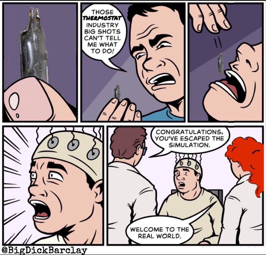 THOSE THERMOSTAT INDUSTRY BIG SHOTS CAN'T TELL ME WHAT TO DO! CONGRATULATIONS, YOU'VE ESCAPED THE SIMULATION. WELCOME TO THE REAL WORLD.