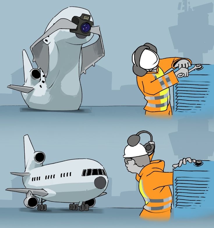 Un avión con forma de fantasma toma una foto de un trabajador. Luego, un avión normal está en la pista y el trabajador lo mira confundido.