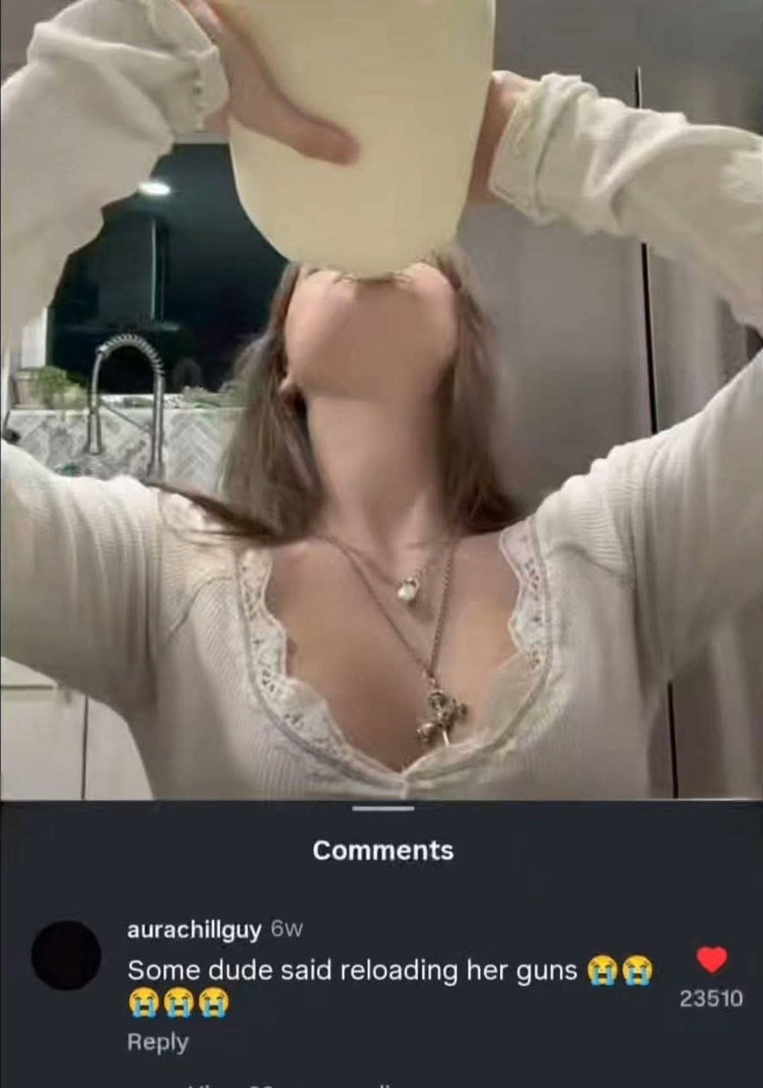 A woman is drinking from a large container. A comment below the image reads: 'Some dude said reloading her guns 😭😭😭'.