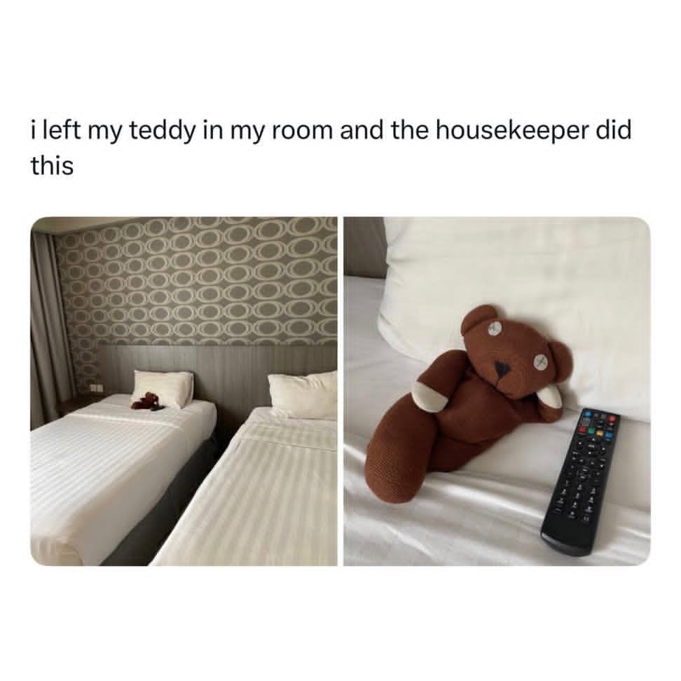 I left my teddy in my room and the housekeeper did this. The image shows a teddy bear initially placed on a bed in a hotel room, and then a close-up of the same teddy bear posed by the housekeeper, relaxing on a pillow with a TV remote next to it.