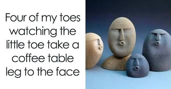 Four of my toes watching the little toe take a coffee table leg to the face