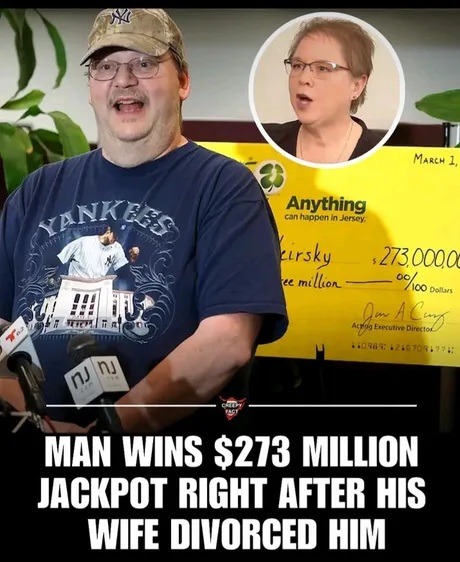 Man wins $273 million jackpot right after his wife divorced him. The check shows 'Anything can happen in Jersey' and the amount $273,000,000. The man is wearing a Yankees shirt and hat.