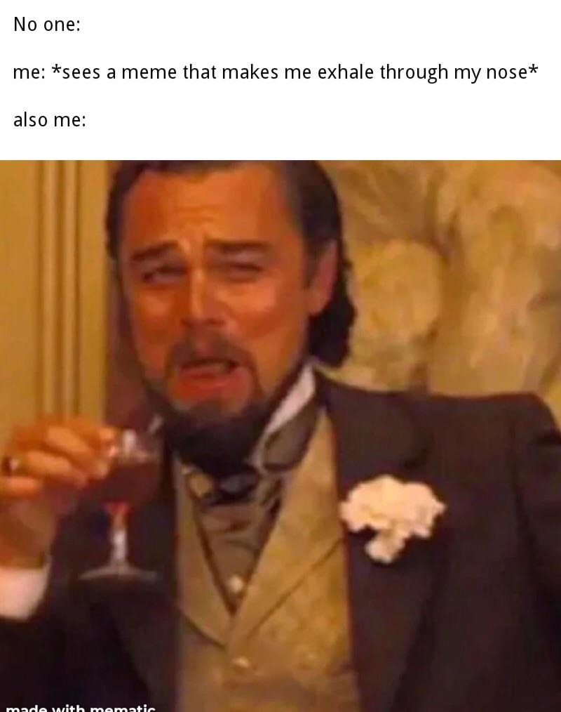 No one: me: *sees a meme that makes me exhale through my nose* also me: made with mematic