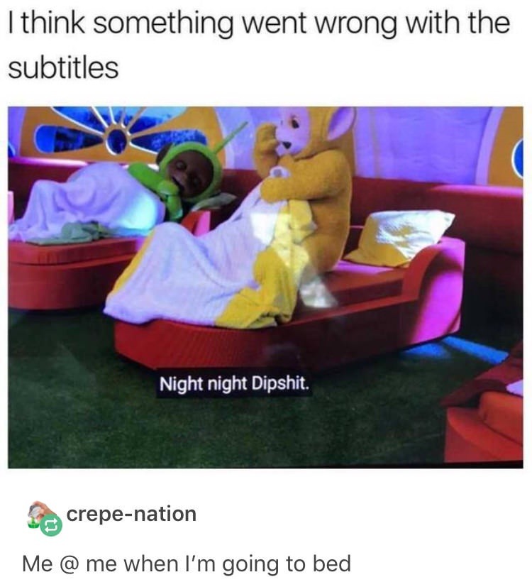 I think something went wrong with the subtitles. Night night Dipshit. Me @ me when I'm going to bed.