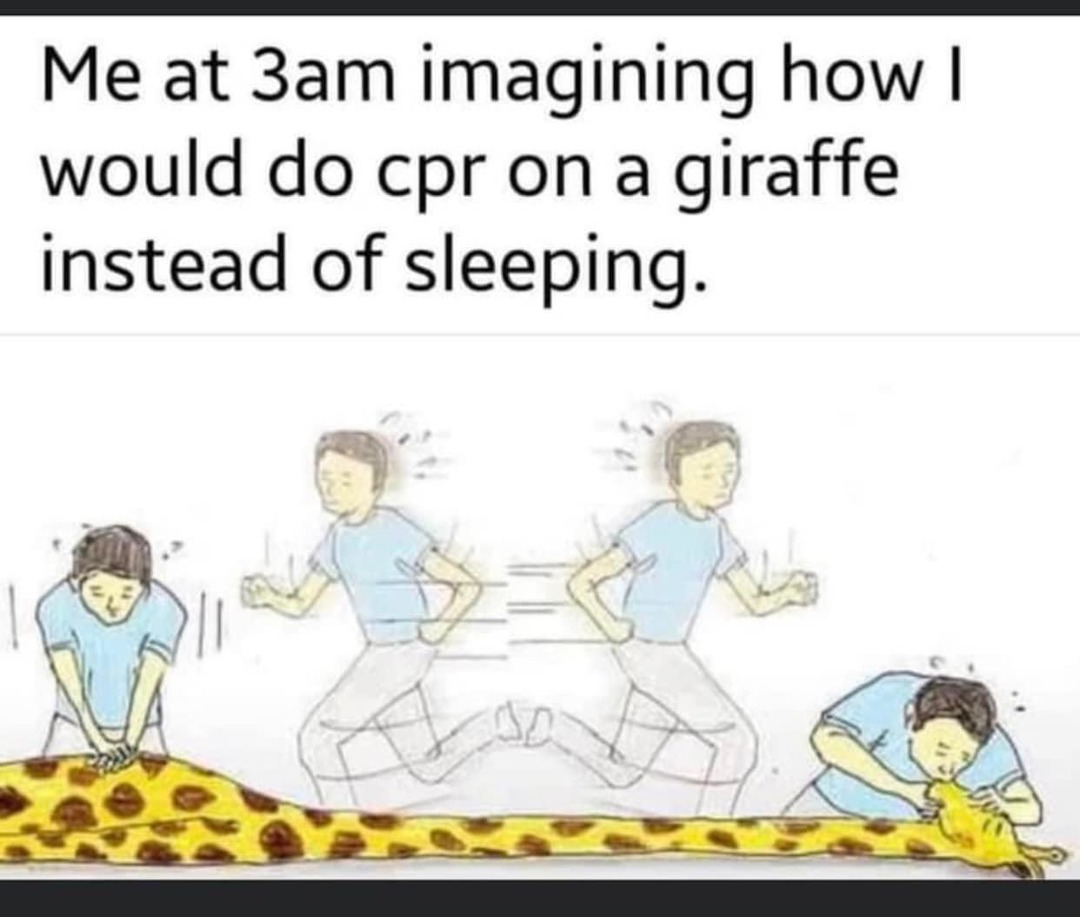 Me at 3am imagining how I would do cpr on a giraffe instead of sleeping.
