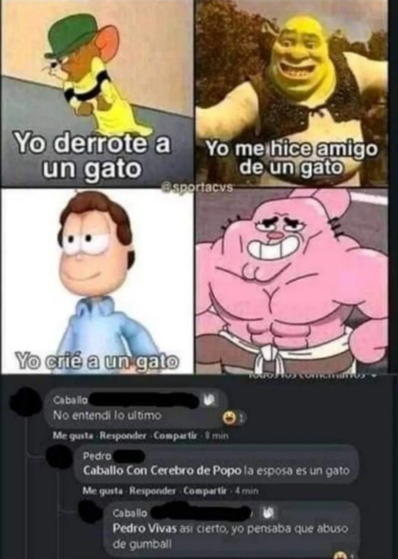 Yo derroté a un gato. Yo me hice amigo de un gato. Yo crié a un gato. No entendí lo último. Caballo Con Cerebro de Popo la esposa es un gato. Pedro Vivas asi cierto, yo pensaba que abuso de gumball.