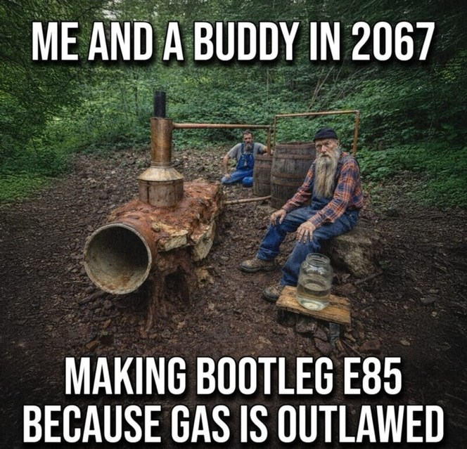 ME AND A BUDDY IN 2067 MAKING BOOTLEG E85 BECAUSE GAS IS OUTLAWED