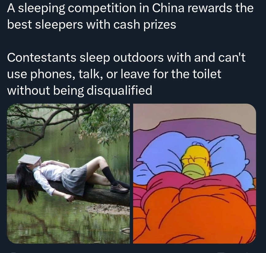 A sleeping competition in China rewards the best sleepers with cash prizes. Contestants sleep outdoors and can't use phones, talk, or leave for the toilet without being disqualified.