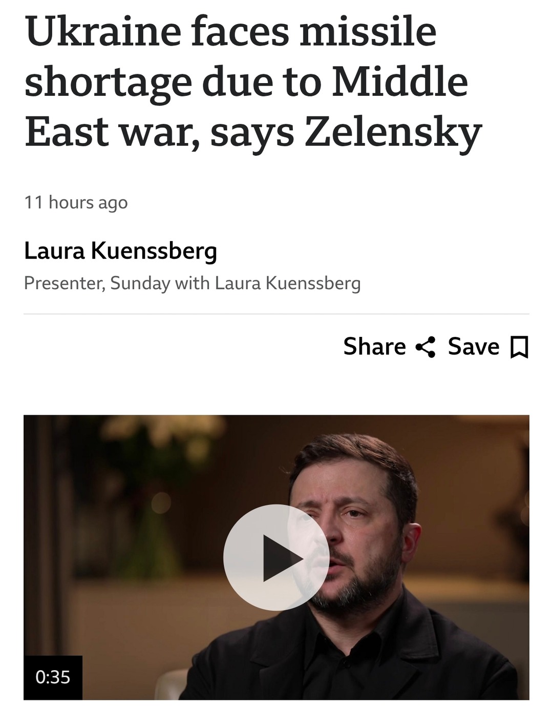 Ukraine faces missile shortage due to Middle East war, says Zelensky. 11 hours ago. Laura Kuenssberg, Presenter, Sunday with Laura Kuenssberg. The video features Volodymyr Zelenskyy, likely discussing the missile shortage and the impact of the Middle East conflict.
