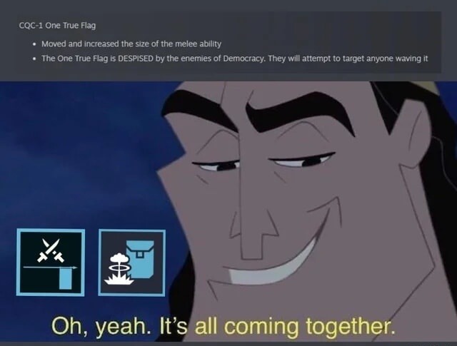 CQC-1 One True Flag. Moved and increased the size of the melee ability. The One True Flag is DESPISED by the enemies of Democracy. They will attempt to target anyone waving it. Oh, yeah. It's all coming together.