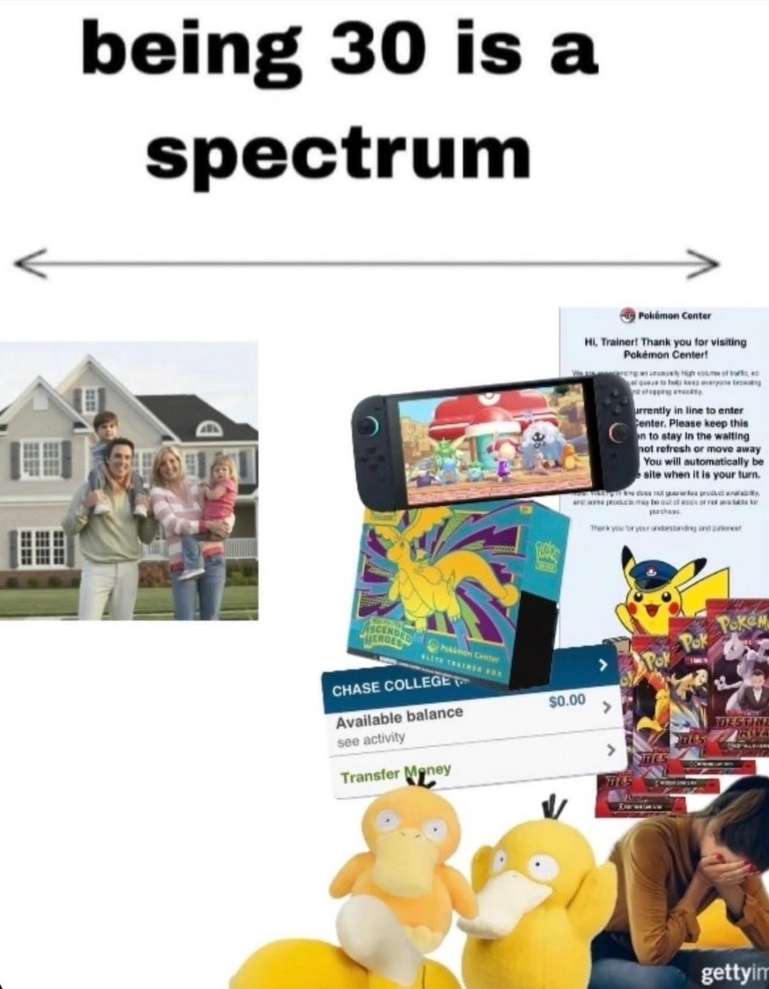 being 30 is a spectrum. On one side, a happy family with a house. On the other side, playing Pokémon on a Nintendo Switch, collecting Pokémon cards and plush toys, with a bank account showing $0.00 balance, and a person crying in distress, possibly due to financial struggles or the reality of being 30 while still pursuing childhood hobbies. Text fr
