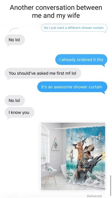 Another conversation between me and my wife. No I just want a different shower curtain. No lol. I already ordered it tho. You should've asked me first mf lol. It's an awesome shower curtain. No lol. I know you. Delivered.