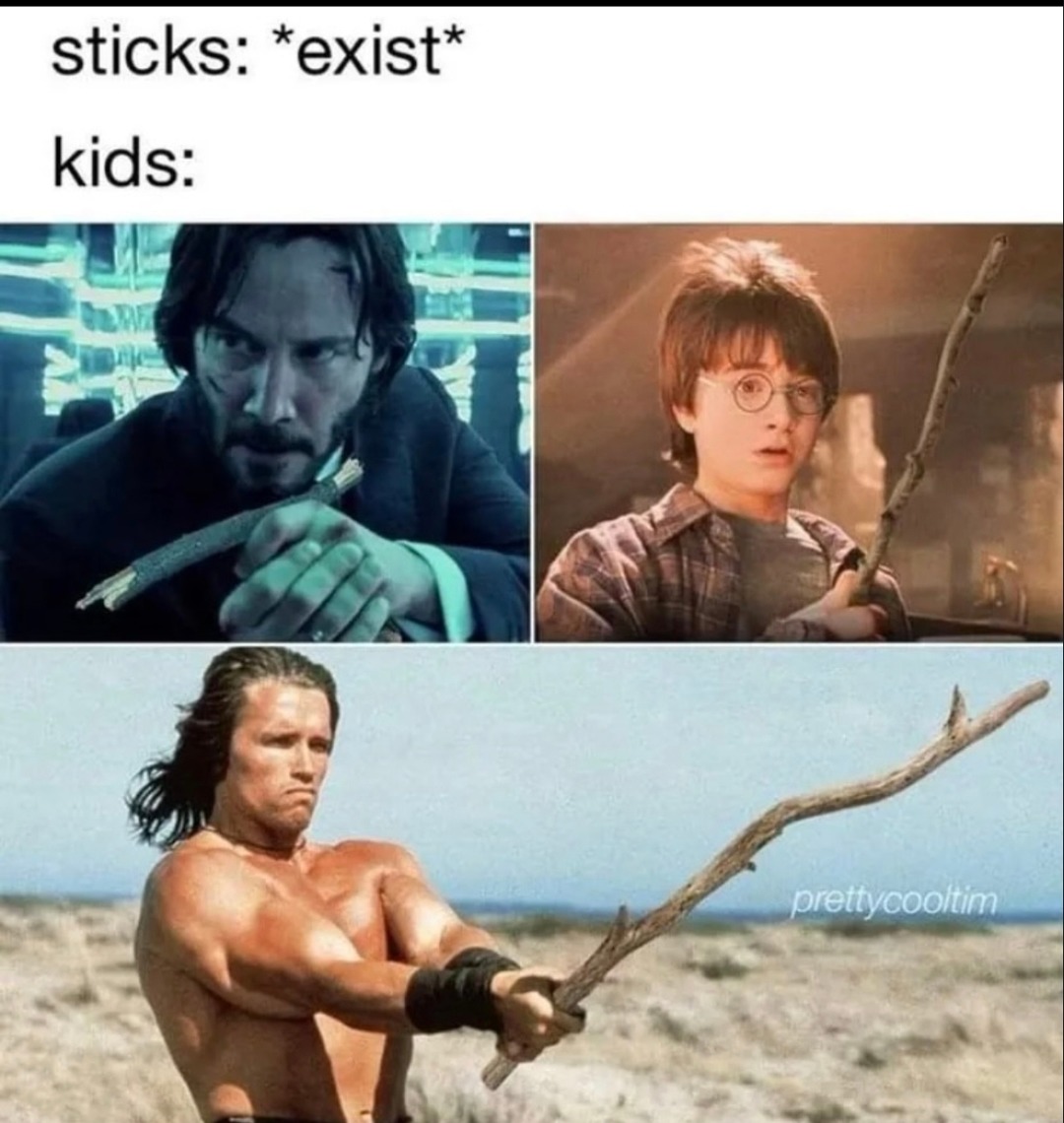 sticks: *exist* kids: The meme shows three movie characters, John Wick, Harry Potter, and Conan the Barbarian, holding sticks as if they are powerful weapons or magical wands. It humorously suggests how children (and adults with imagination) perceive ordinary sticks.