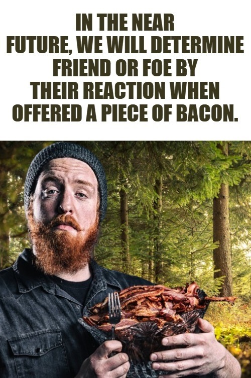 IN THE NEAR FUTURE, WE WILL DETERMINE FRIEND OR FOE BY THEIR REACTION WHEN OFFERED A PIECE OF BACON.