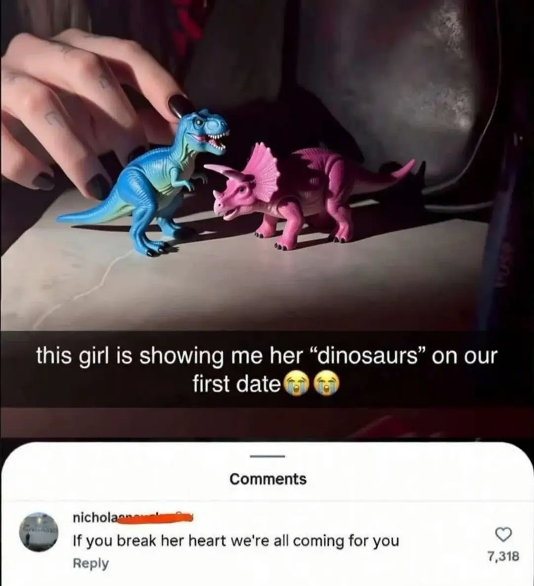 this girl is showing me her “dinosaurs” on our first date 😭😭 If you break her heart we're all coming for you