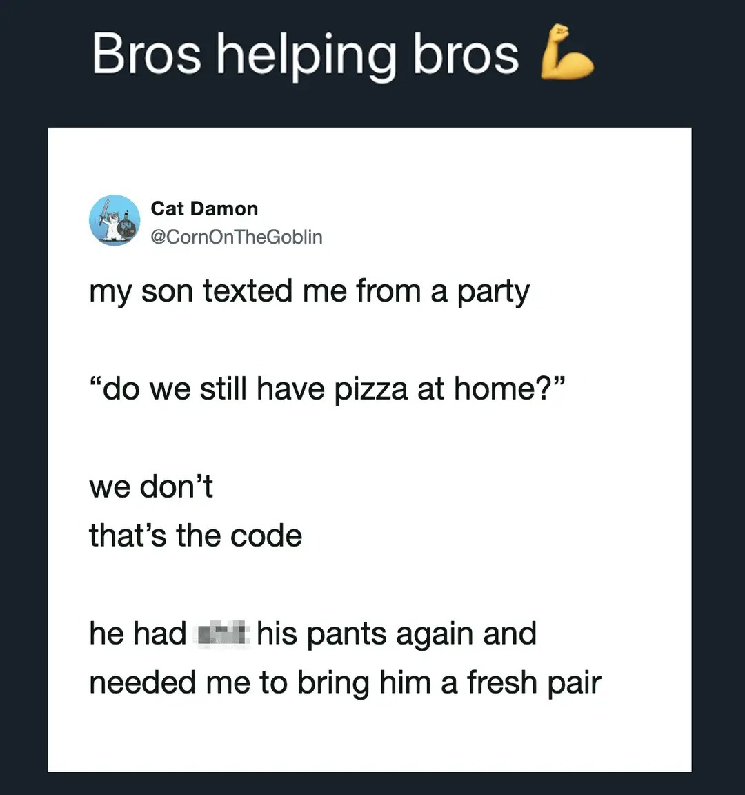 Bros helping bros. Cat Damon @CornOnTheGoblin. My son texted me from a party: 