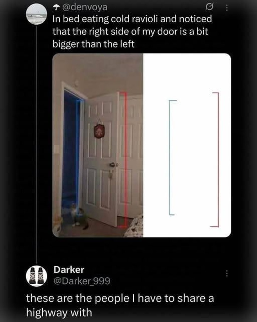 In bed eating cold ravioli and noticed that the right side of my door is a bit bigger than the left. These are the people I have to share a highway with.