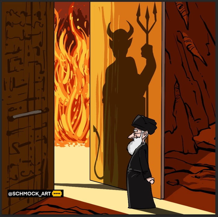 Um homem, que parece ser um rabino, está olhando para uma porta aberta. Atrás da porta, há uma silhueta de um diabo com chifres e um tridente, e chamas. À esquerda, uma porta fechada com símbolos, e à direita, uma paisagem escura e rochosa. A marca d'água 