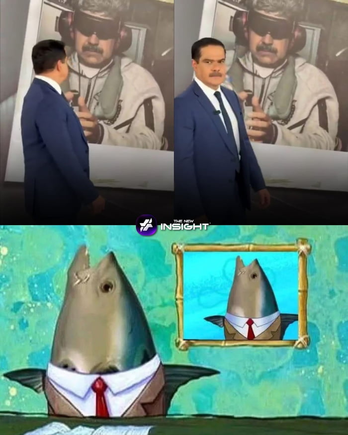 THE NEW INSIGHT. Un presentador de noticias imita la pose de un hombre en una pantalla, comparado con el meme de Bob Esponja de un pez mirando su propio retrato.