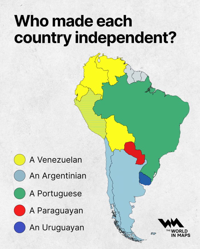 Quem tornou cada país independente? Um venezuelano. Um argentino. Um português. Um paraguaio. Um uruguaio.
