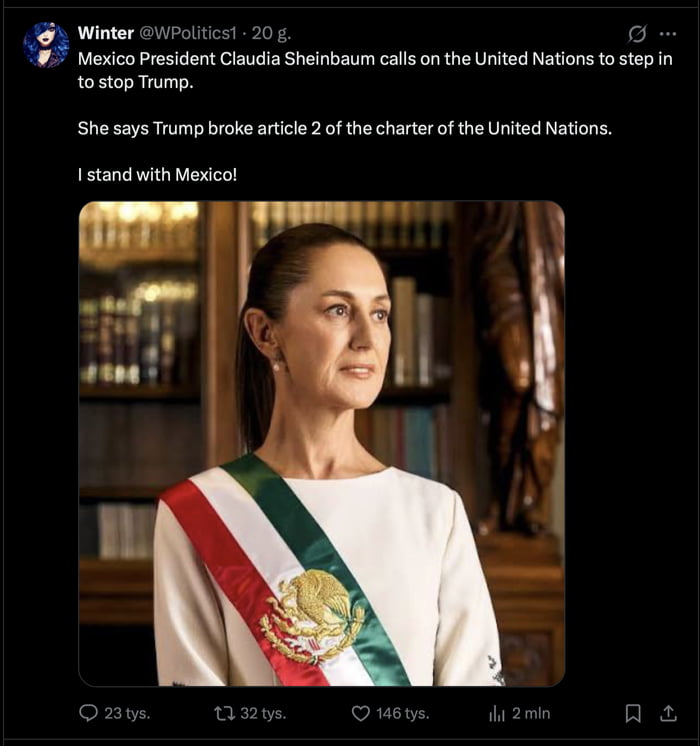La Presidenta de México, Claudia Sheinbaum, pide a las Naciones Unidas que intervengan para detener a Trump. Ella dice que Trump rompió el artículo 2 de la carta de las Naciones Unidas. ¡Apoyo a México!