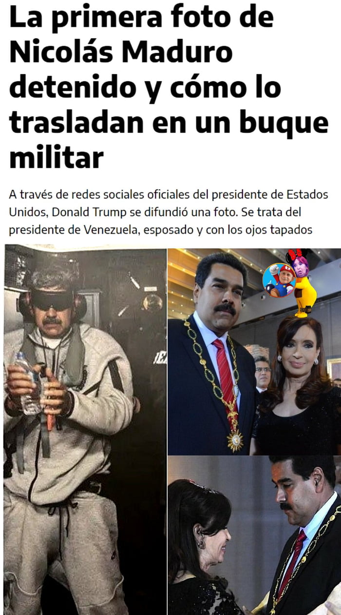 La primera foto de Nicolás Maduro detenido y cómo lo trasladan en un buque militar. A través de redes sociales oficiales del presidente de Estados Unidos, Donald Trump se difundió una foto. Se trata del presidente de Venezuela, esposado y con los ojos tapados.