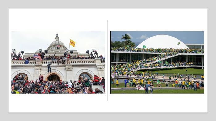 A imagem mostra duas cenas de protestos políticos e invasões de edifícios governamentais. À esquerda, a invasão do Capitólio dos EUA em 6 de janeiro de 2021, com uma multidão de pessoas nas escadarias e varandas do edifício. À direita, a invasão do Congresso Nacional do Brasil em 8 de janeiro de 2023, com uma grande aglomeração de manifestantes, mu