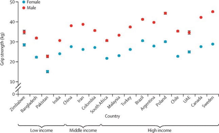 Força de preensão (kg) Feminino Masculino País Renda baixa Renda média Renda alta Zimbábue Bangladesh Paquistão Índia China Irã Colômbia África do Sul Malásia Turquia Brasil Argentina Polônia Chile Emirados Árabes Unidos Canadá Suécia
