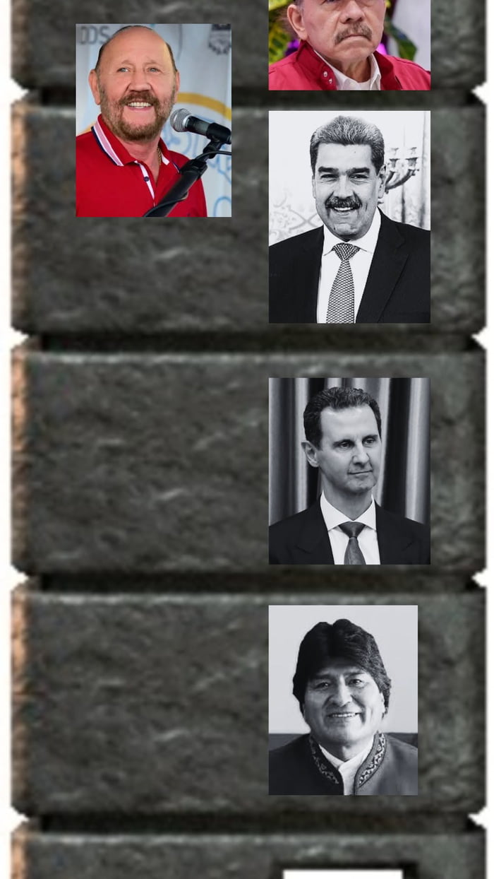 Una colección de retratos de líderes políticos, incluyendo a Daniel Ortega, Nicolás Maduro, Bashar al-Assad y Evo Morales, dispuestos en un formato de muro de piedra. Se observa la palabra 'ODS' en la parte superior izquierda.