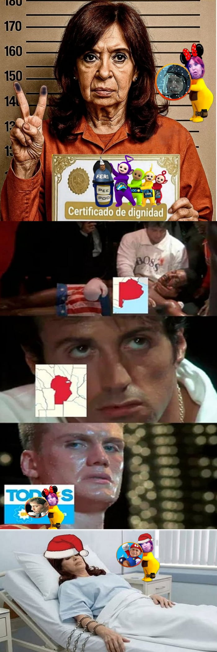 Certificado de dignidad. FER! PEE POO. BOSS. TODOS. La imagen es un meme político que satiriza a Cristina Kirchner, mostrándola en una ficha policial con un 'Certificado de dignidad' irónico, y luego en una cama de hospital encadenada. Se intercalan escenas de la película Rocky IV, con mapas de Argentina y el logo del partido 'Frente de Todos'.