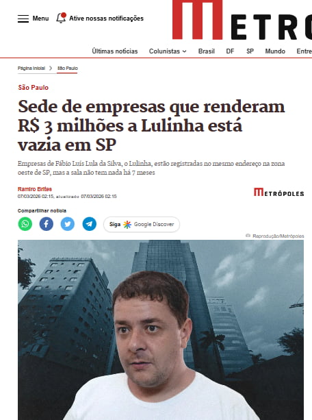 Sede de empresas que renderam R$ 3 milhões a Lulinha está vazia em SP. Empresas de Fábio Luís Lula da Silva, o Lulinha, estão registradas no mesmo endereço na zona oeste de SP, mas a sala não tem nada há 7 meses.