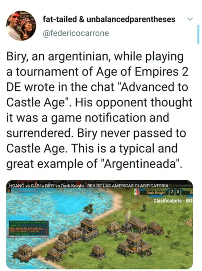 Biry, un argentino, mientras jugaba un torneo de Age of Empires 2 DE, escribió en el chat 