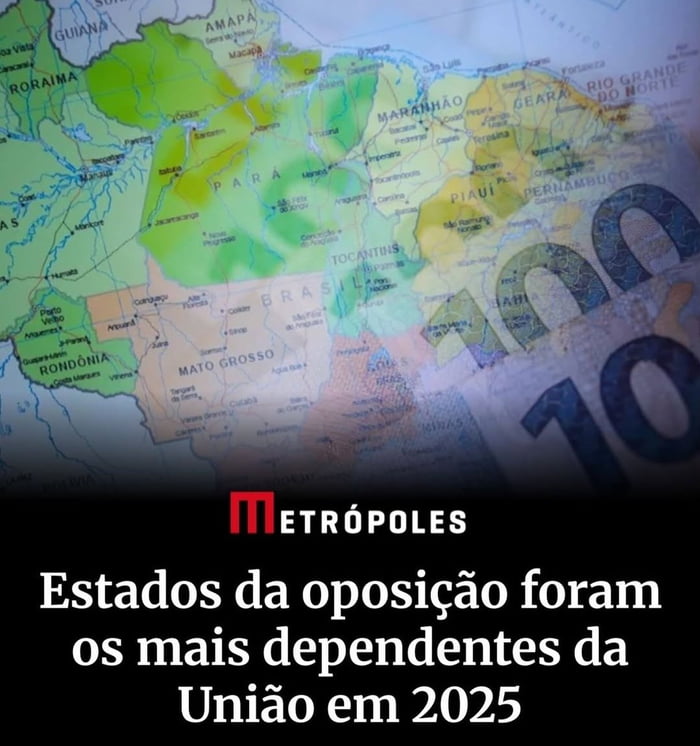 Metrópoles. Estados da oposição foram os mais dependentes da União em 2025. (Mapa do Brasil com destaque para alguns estados e uma nota de 100 reais)