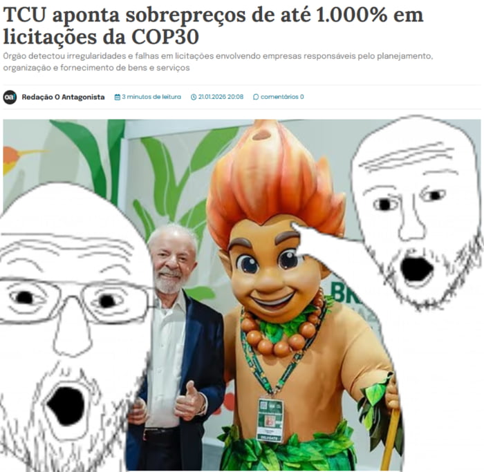TCU aponta sobrepreços de até 1.000% em licitações da COP30. Órgão detectou irregularidades e falhas em licitações envolvendo empresas responsáveis pelo planejamento, organização e fornecimento de bens e serviços. Redação O Antagonista. 3 minutos de leitura. 21.01.2026 20:08. comentários 0. A imagem mostra o presidente Lula com um polegar para cima