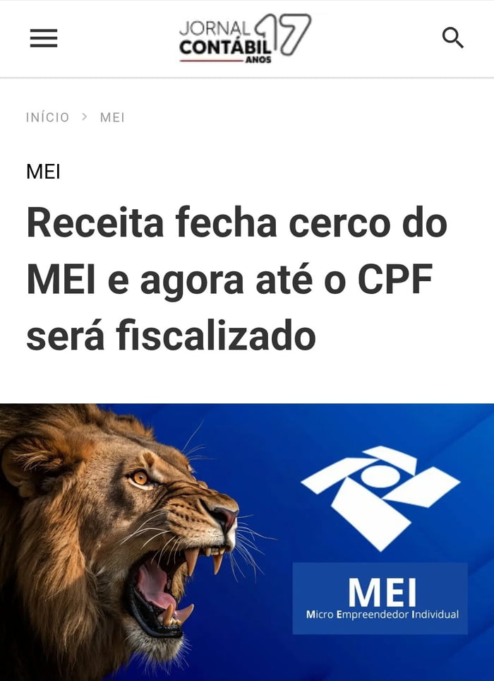 JORNAL CONTÁBIL 17 ANOS INÍCIO > MEI MEI Receita fecha cerco do MEI e agora até o CPF será fiscalizado MEI Micro Empreendedor Individual