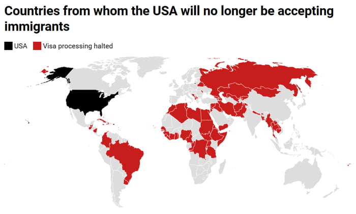 Países dos quais os EUA não aceitarão mais imigrantes. EUA. Processamento de visto interrompido.