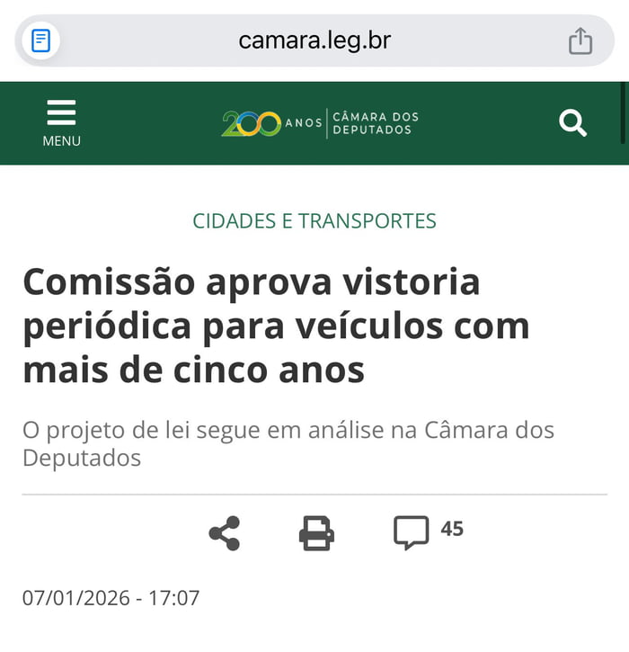 camara.leg.br MENU 200 ANOS CÂMARA DOS DEPUTADOS CIDADES E TRANSPORTES Comissão aprova vistoria periódica para veículos com mais de cinco anos O projeto de lei segue em análise na Câmara dos Deputados 45 07/01/2026 - 17:07