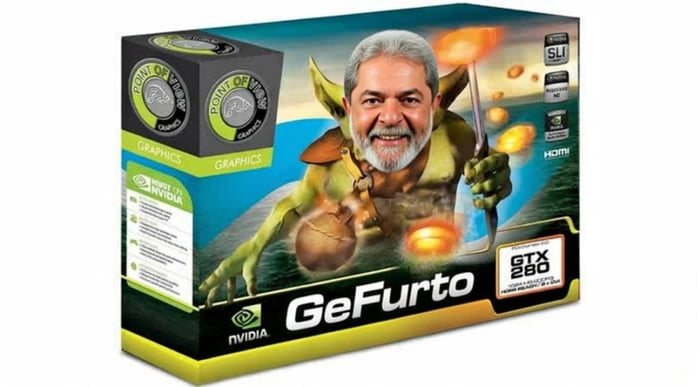 POINT OF VIEW GRAPHICS NVIDIA GeFurto GTX 280 SLI HDMI. Uma caixa de placa de vídeo parodiada com o rosto de Lula em um corpo de criatura verde, similar a um goblin ou Yoda.