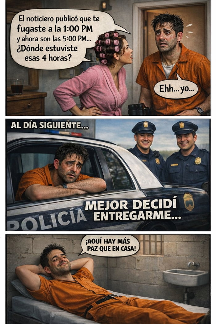 El noticiero publicó que te fugaste a la 1:00 PM y ahora son las 5:00 PM... ¿Dónde estuviste esas 4 horas? Ehh... yo... AL DÍA SIGUIENTE... POLICÍA MEJOR DECIDÍ ENTREGARME... ¡AQUÍ HAY MÁS PAZ QUE EN CASA!
