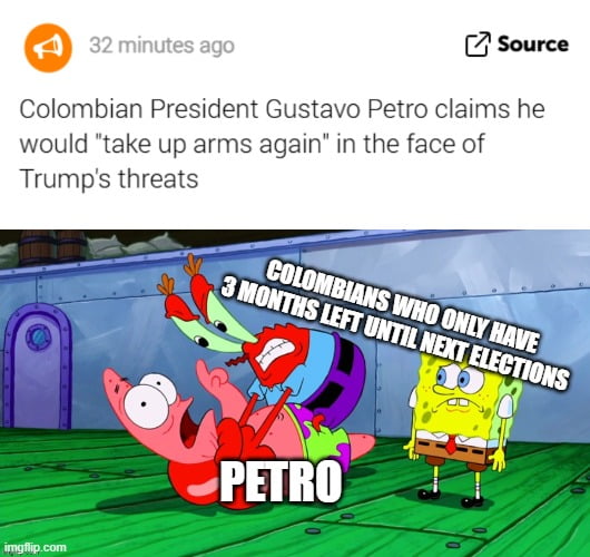 El presidente colombiano Gustavo Petro afirma que 'volvería a tomar las armas' ante las amenazas de Trump. COLOMBIANOS A QUIENES SOLO LES QUEDAN 3 MESES HASTA LAS PRÓXIMAS ELECCIONES. PETRO.