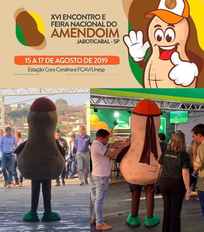 XVI Encontro e Feira Nacional do Amendoim Jaboticabal - SP 15 a 17 de Agosto de 2019 Estação Cora Coralina e FCAV/Unesp. Pessoas em fantasias de amendoim com formato sugestivo em um evento.