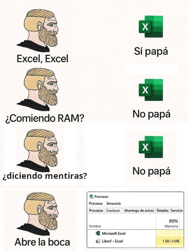 Excel, Excel. Sí papá. ¿Comiendo RAM? No papá. ¿diciendo mentiras? No papá. Abre la boca. Procesos. Amausta. Eaeclucar. Ahortngo de aviros. Detalles. Servicio. Nombre. Microsoft Excel. Librof - Excel. 89% Memoria. 1.681.4 MB.