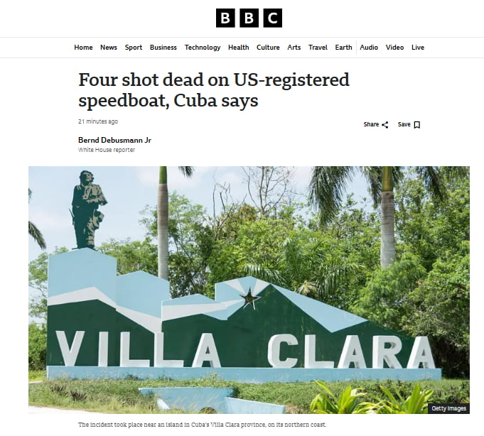 BBC Notícias Esporte Negócios Tecnologia Saúde Cultura Artes Viagens Terra Áudio Vídeo Ao Vivo Quatro mortos a tiros em lancha registrada nos EUA, diz Cuba 21 minutos atrás Bernd Debusmann Jr Repórter da Casa Branca Compartilhar Salvar VILLA CLARA Imagens Getty O incidente ocorreu perto de uma ilha na província de Villa Clara, em Cuba, na sua costa